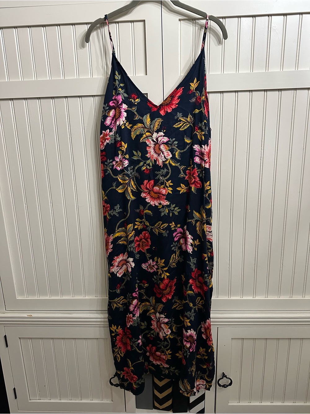 Floral Navy Slip Dress with Pink & Red Blooms